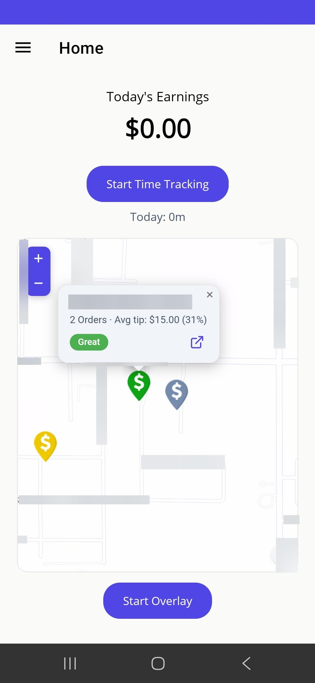 Map view with colored pins and tip details popup