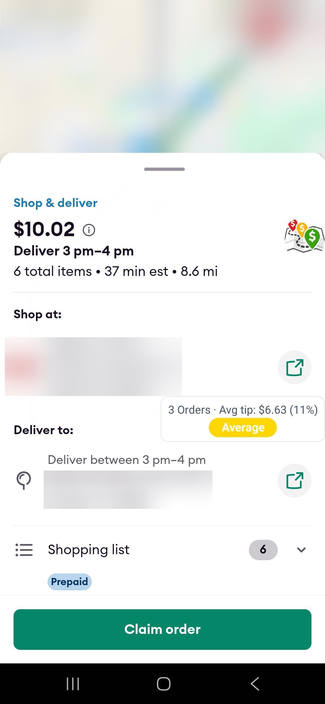 Offer screen showing average tip history for a returning customer