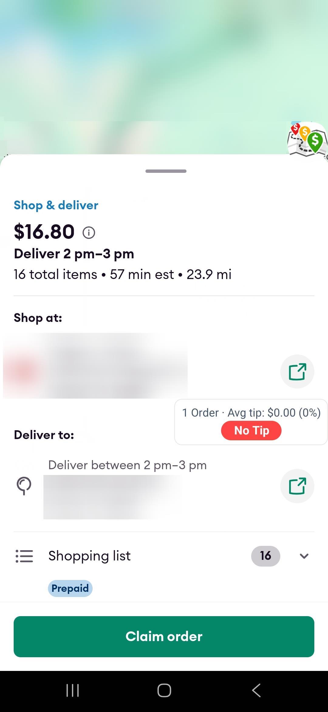 Offer screen showing No Tip warning for a delivery address