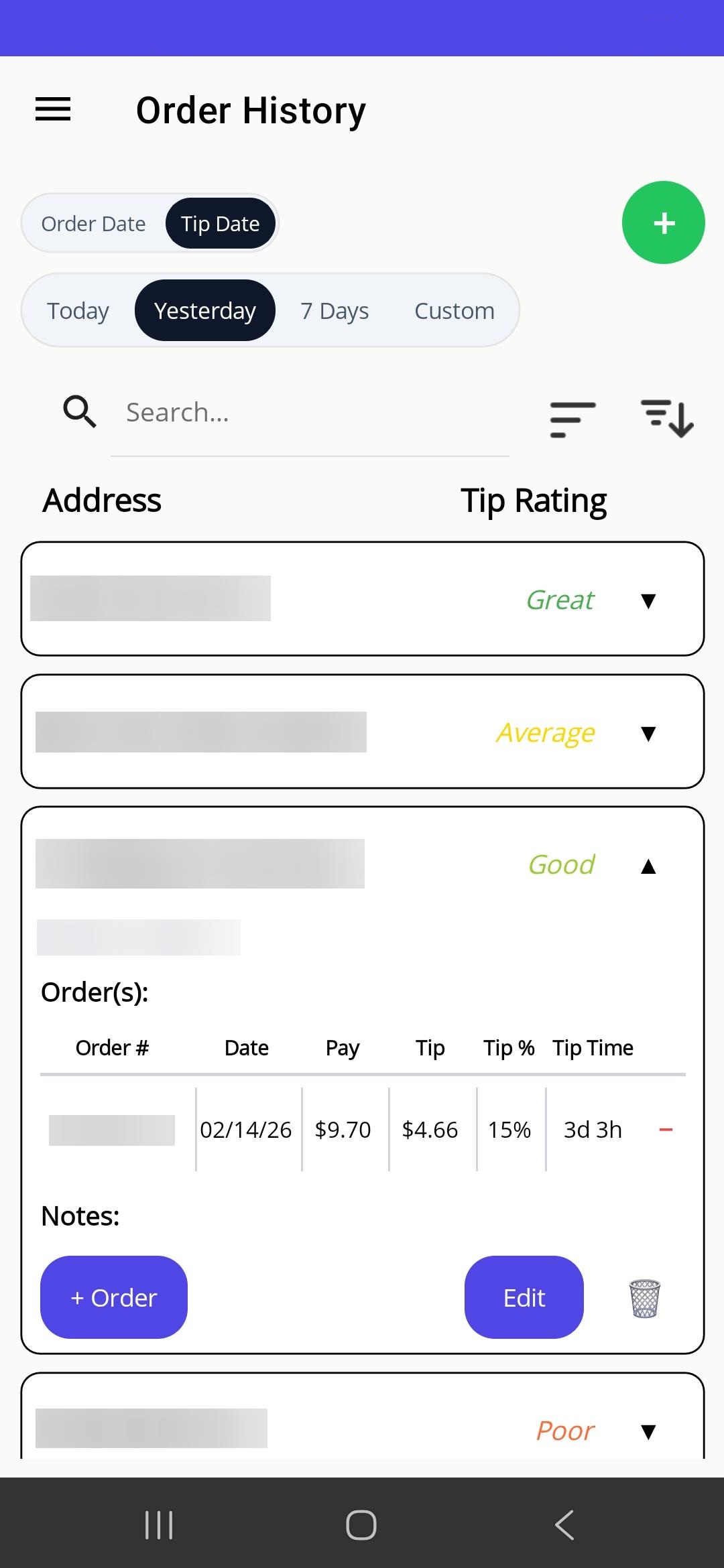 Order history showing color-coded tip ratings for each delivery address